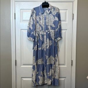 Entro Blue and Cream Floral Long Sleeve Dress